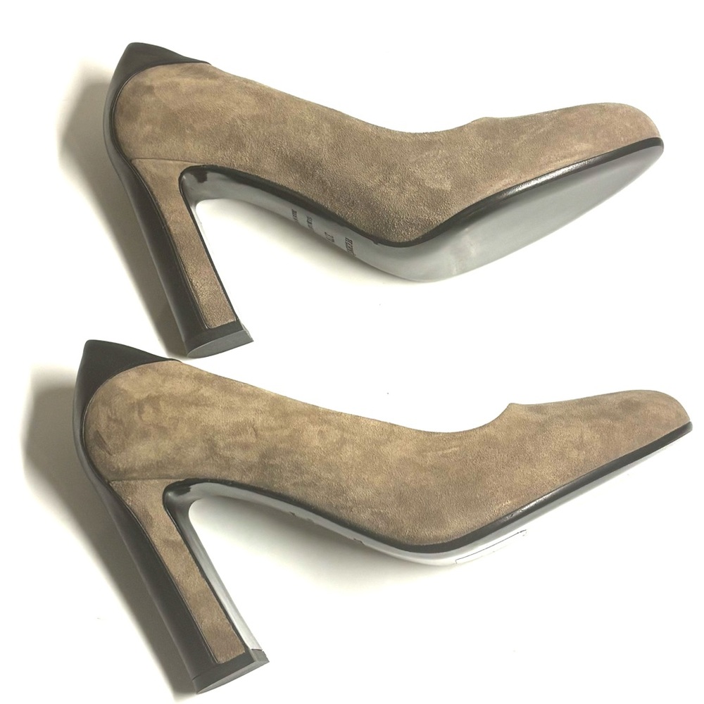 Vintage Hermes Paris Pumps Suede Taupe Heels with Black Leather Contrast - Picture 5 of 10